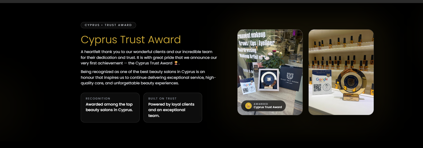Awards and credentials section of the MK Nails & Beauty website